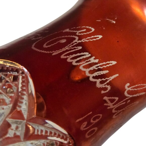 Antique 1909 Ruby Red Flash Glass Pitcher Small Etched Signature Clear Base - Picture 7 of 16